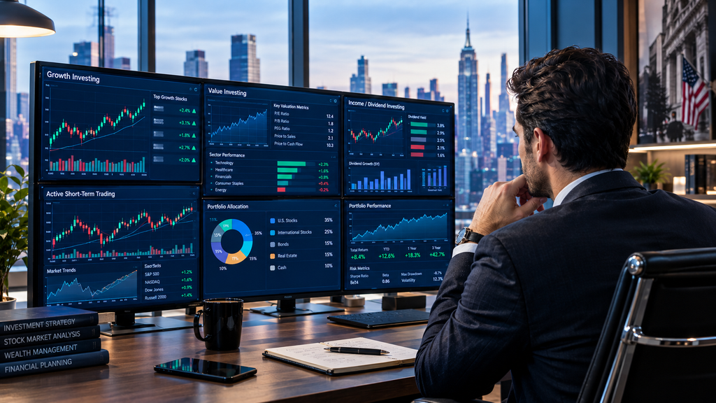 Investment strategies for stock market coverage including growth, value, income and active trading